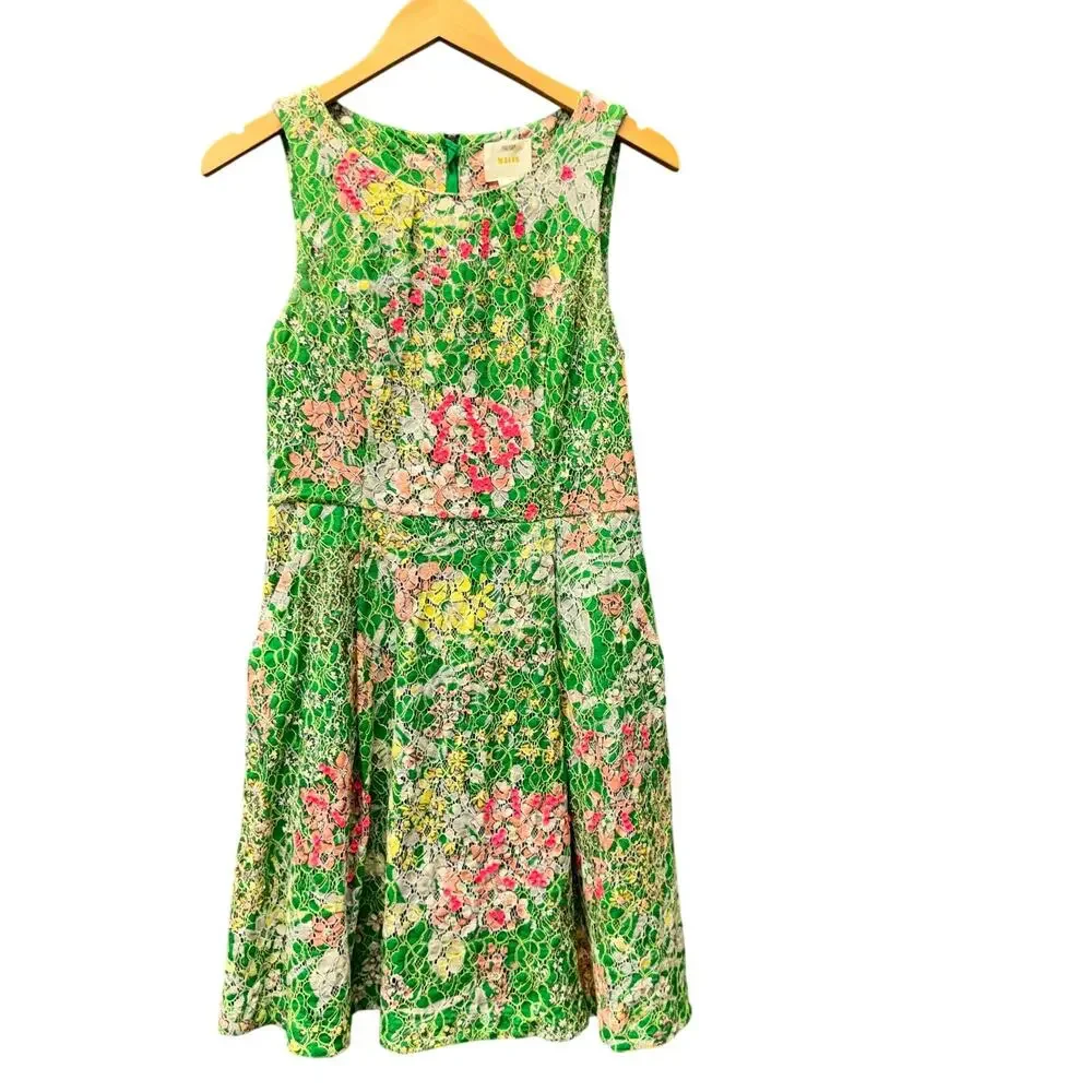 Maeve Verbena Dress Lace Overlay Sequins Green Pink Zip Up‎ Womens 4 Mini